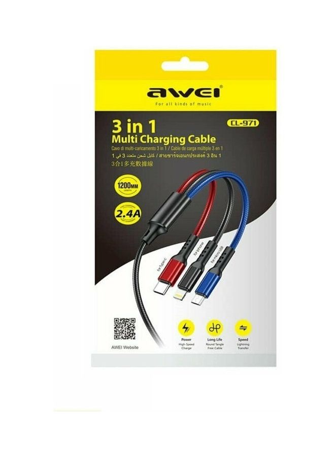 3 in 1 Multi Charging Cable For Type C, iPhone And Micro USB Red/Blue/Black