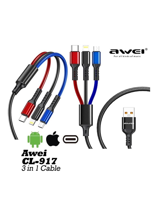 3 in 1 Multi Charging Cable For Type C, iPhone And Micro USB Red/Blue/Black