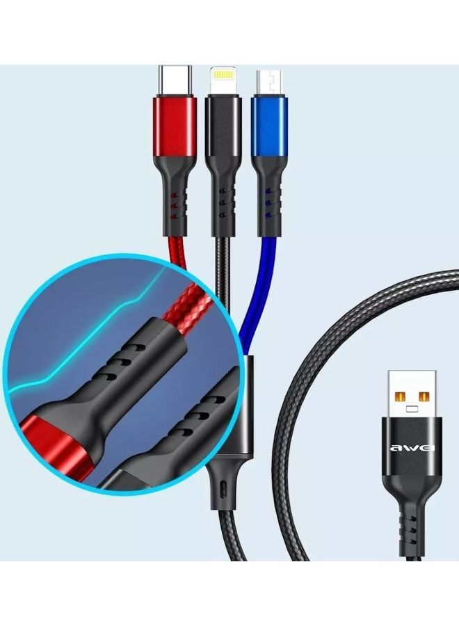 3 in 1 Multi Charging Cable For Type C, iPhone And Micro USB Red/Blue/Black