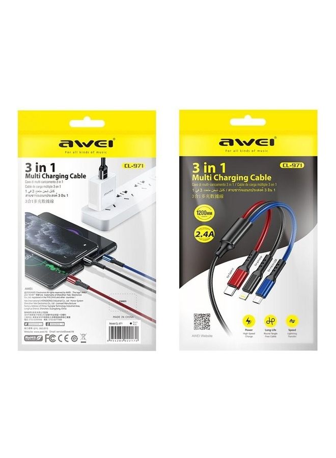 3 in 1 Multi Charging Cable For Type C, iPhone And Micro USB Red/Blue/Black