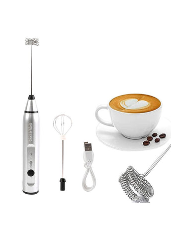 USB Rechargeable Milk Frother, 3 Speeds, 2 Whisks Silver 200grams