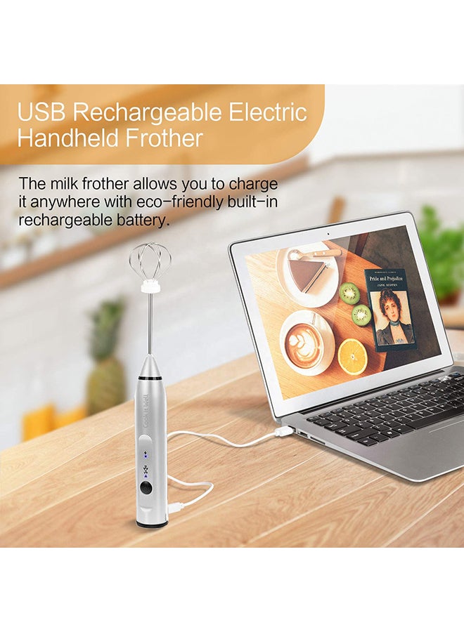 USB Rechargeable Milk Frother, 3 Speeds, 2 Whisks Silver 200grams