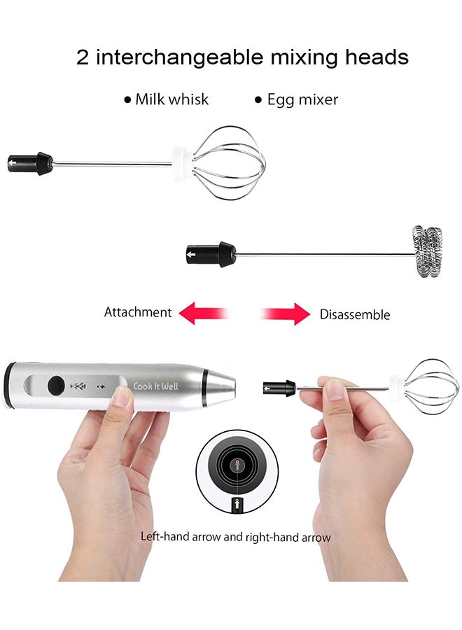 USB Rechargeable Milk Frother, 3 Speeds, 2 Whisks Silver 200grams