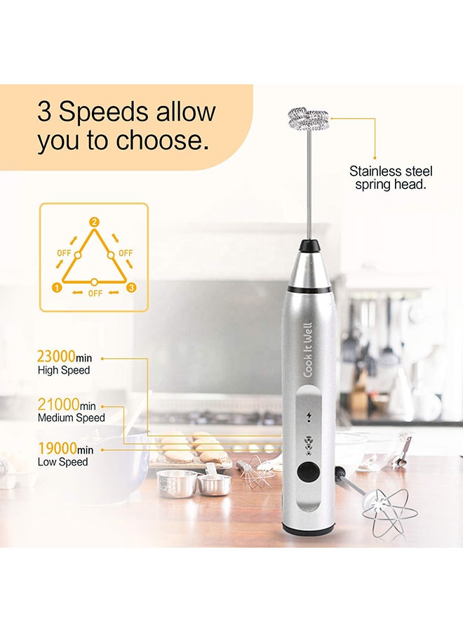 USB Rechargeable Milk Frother, 3 Speeds, 2 Whisks Silver 200grams