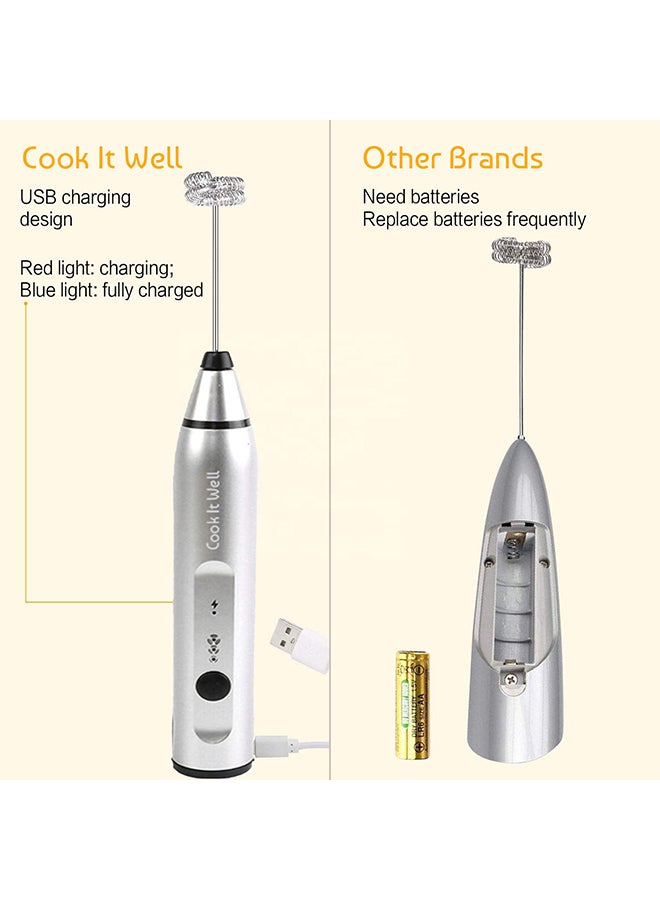 USB Rechargeable Milk Frother, 3 Speeds, 2 Whisks Silver 200grams