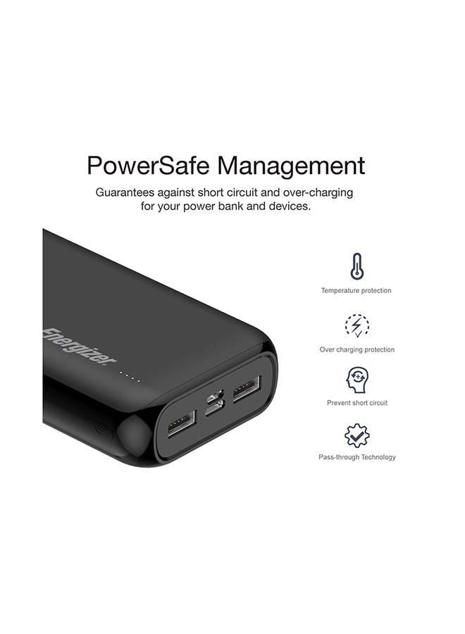 20000 mAh Max 2.1A Rapid Charging Power Bank, Dual Inputs - Type-C, micro-USB and Dual Outputs - USB-A, PowerSafe Management, LED Indicator 10 watt Black