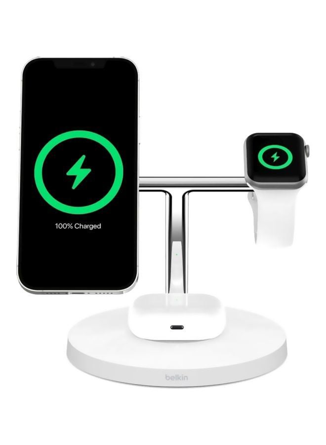 BoostCharge Pro 3-In-1 Wireless Charger Stand With MagSafe - For Apple iPhone 15/14/13/12 Series, Apple Watch Series SE/6/5/4/3/2/1 And AirPods/Airpods Pro white