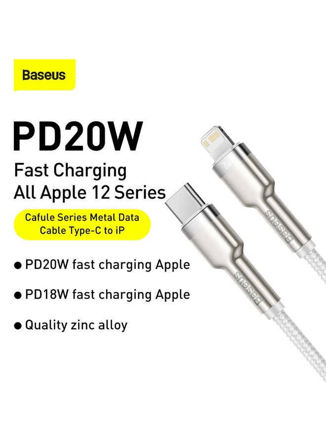 USB C to Lightning Fast Charging Data Transfer Cable PD 20W Cafule Series Power Delivery for iPhone 14/14 Pro/13 Pro/13 Pro Max/13/13 mini, iPad 9, 12 mini/12/12 Pro , 2M White/Silver