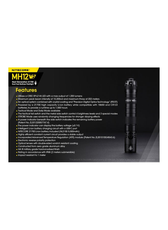 MH12 V2 CREE XP-L2 V6 LED Flashlight 1200 Lumens 21700 Battery (5000mah)  with  USB charging cable