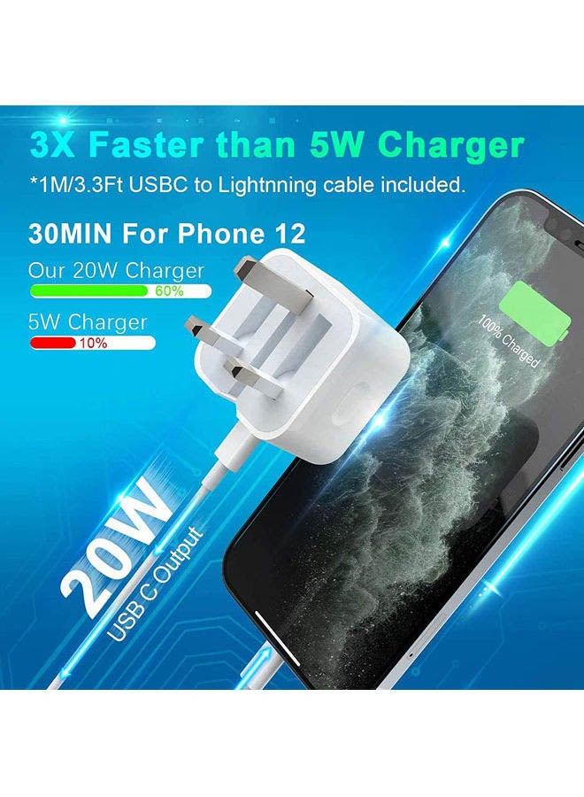 20W Type C PD Fast Charger with 1m Type C Lightning Cable Wall Power Compatible with iPhone 12 Pro Max/SE 2020/11/XR/XS/X/8/7,iPad Air 4/Pro 2020,Samsung Galaxy S21 Ultra/S21 White