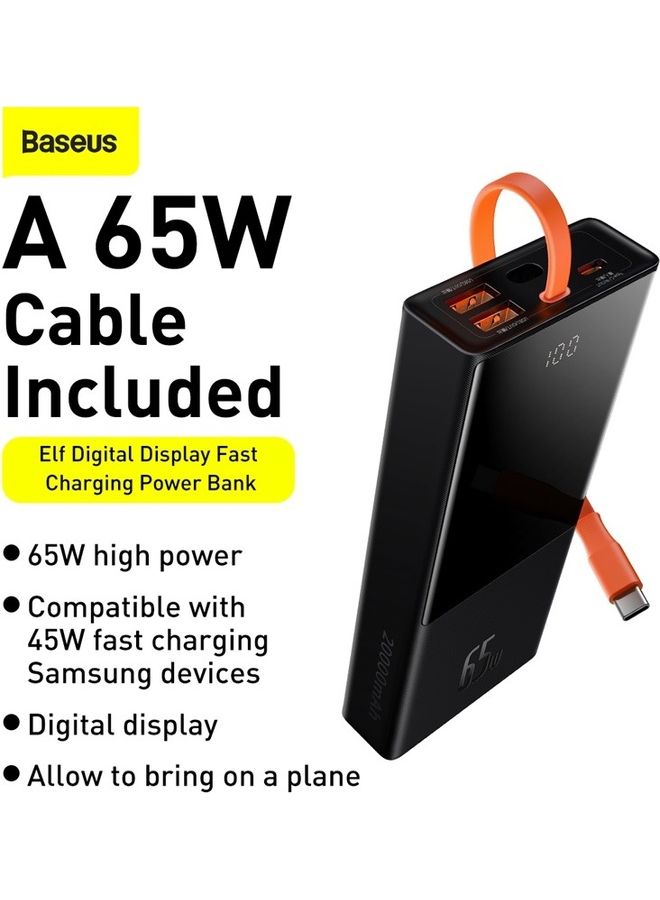 20000 mAh Portable Charger 20000mAh, 65W PD Power Bank Fast Charging Battery Pack Laptop Charger Built-in USB C Cable, 4-Port Battery Bank for iPhone 15/14/13/12 Series, MacBook, iPad, Dell, HP, Samsung, Switch and More Black