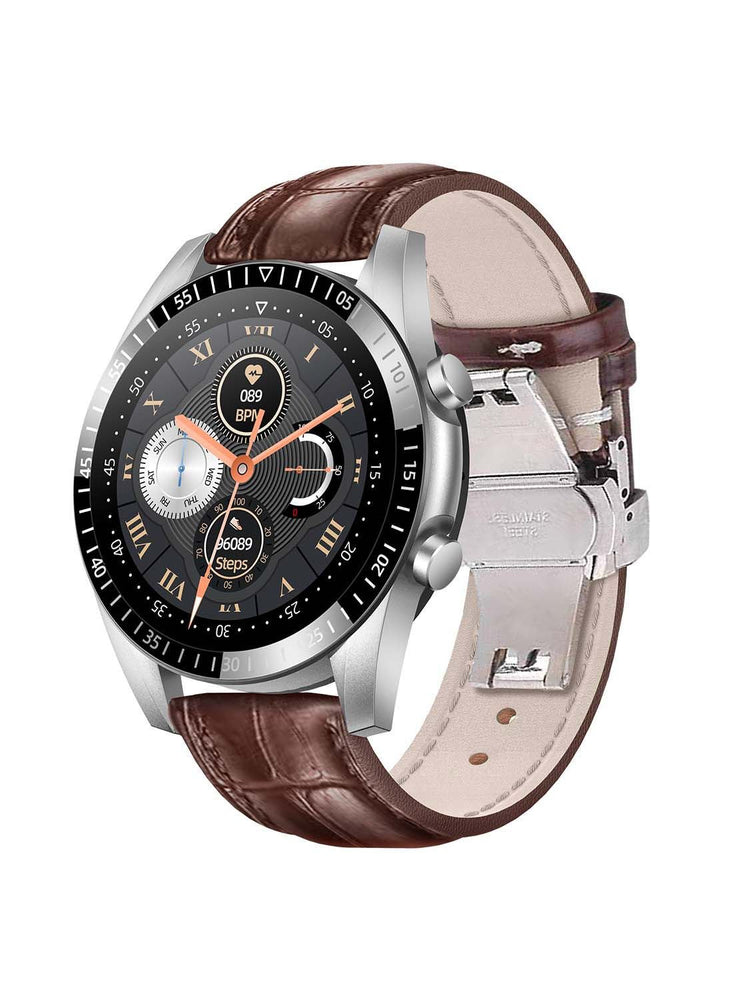 300.0 mAh Round Multifunction SmartWatch 45mm With Leather Strap Brown