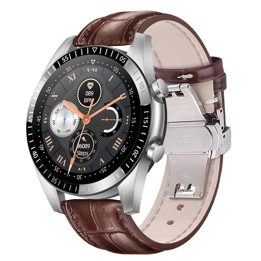 300.0 mAh Round Multifunction SmartWatch 45mm With Leather Strap Brown