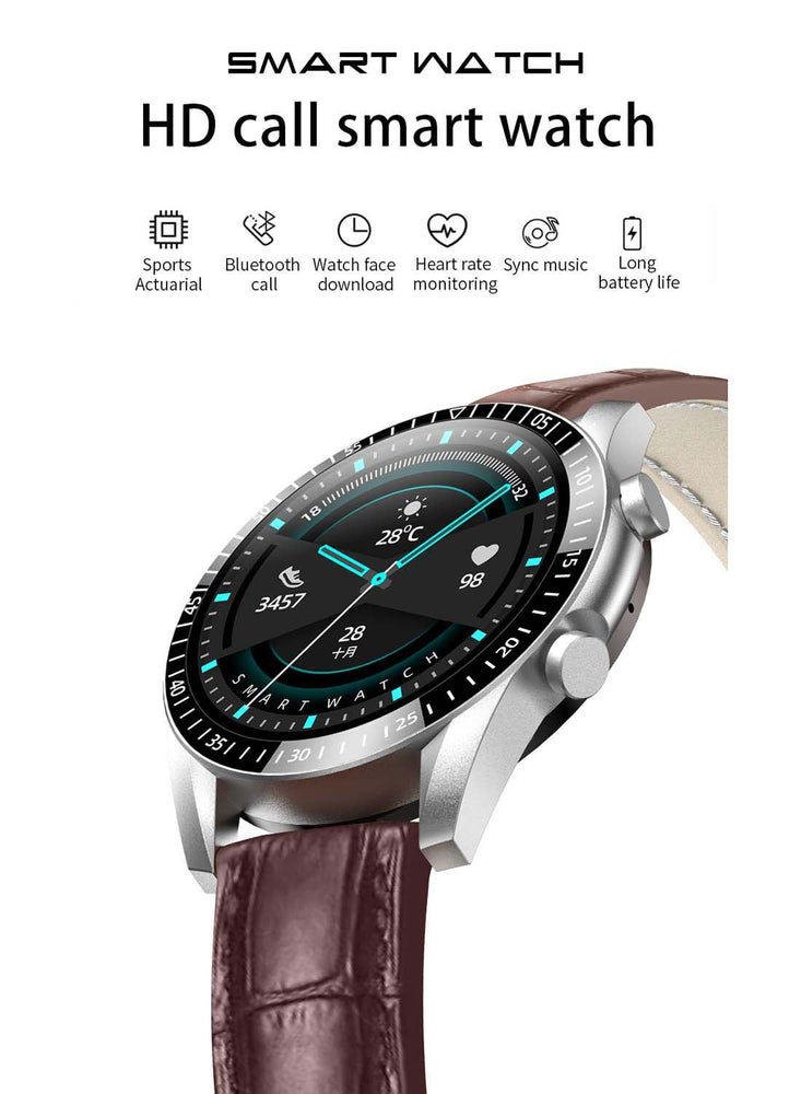 300.0 mAh Round Multifunction SmartWatch 45mm With Leather Strap Brown