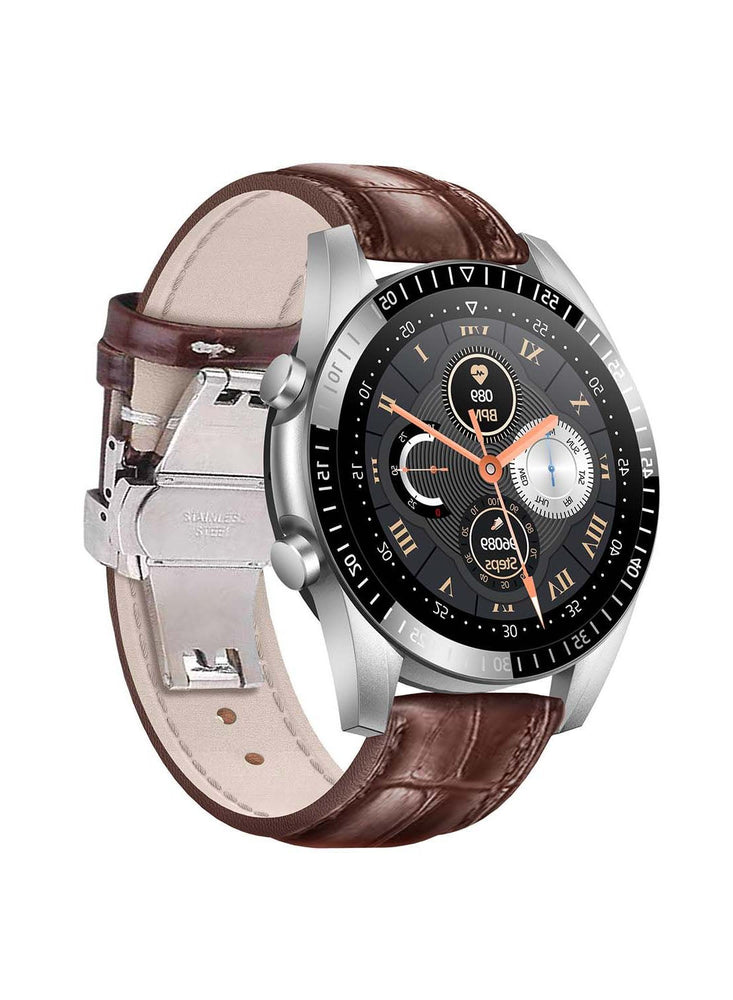 300.0 mAh Round Multifunction SmartWatch 45mm With Leather Strap Brown