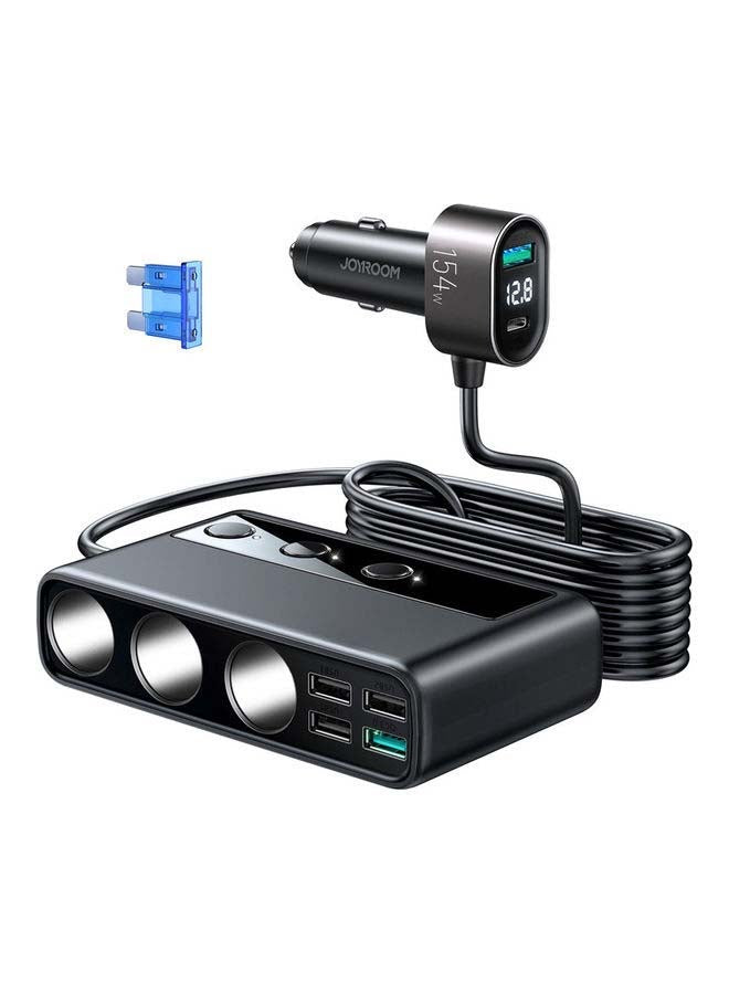 154W 3 in 1 Car Charger With 5 USB Ports 1 Type-C Cigarette Lighter