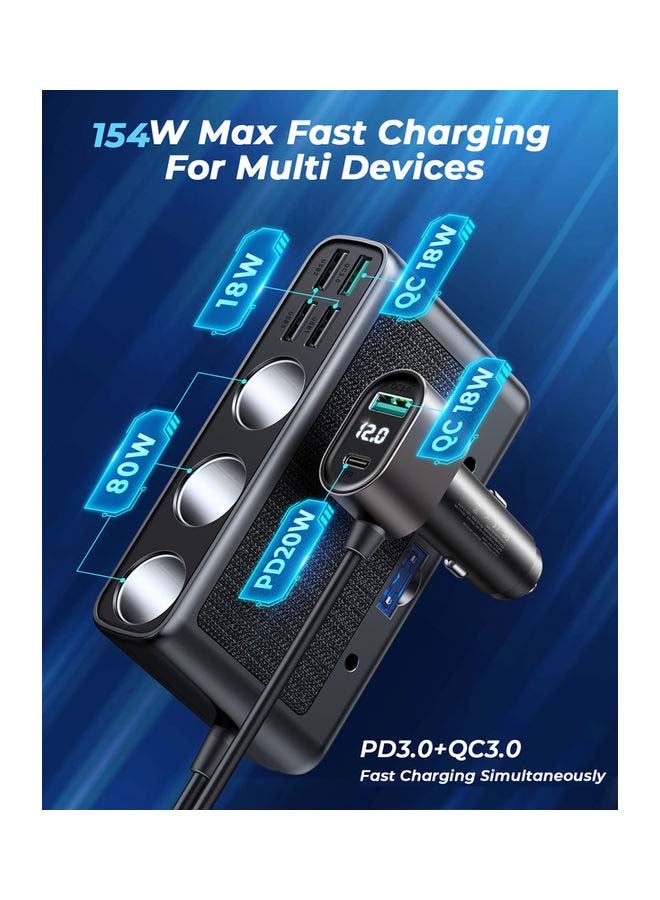 154W 3 in 1 Car Charger With 5 USB Ports 1 Type-C Cigarette Lighter