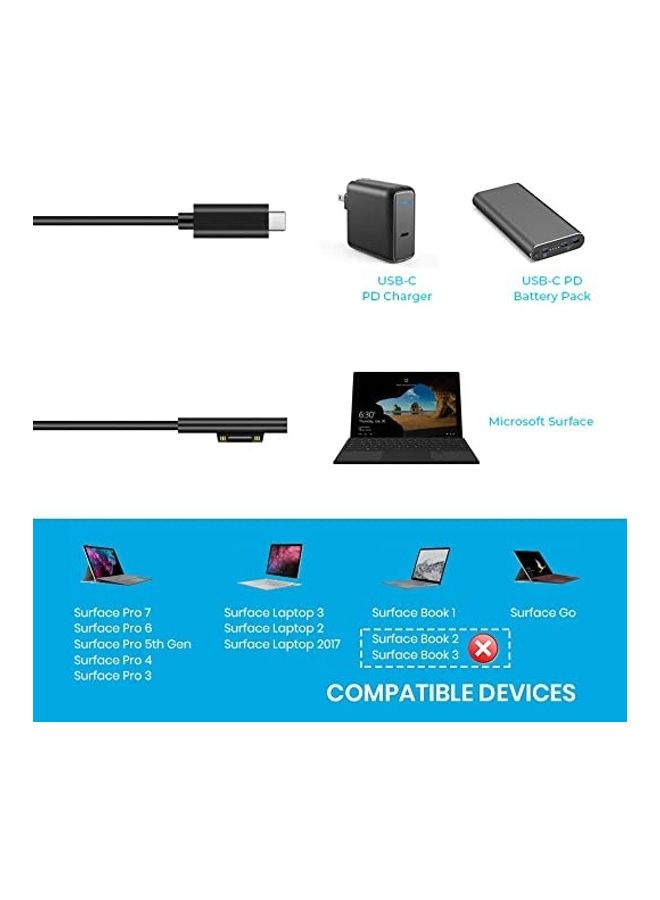 Surface Connect To USB-C Charging Cable Black