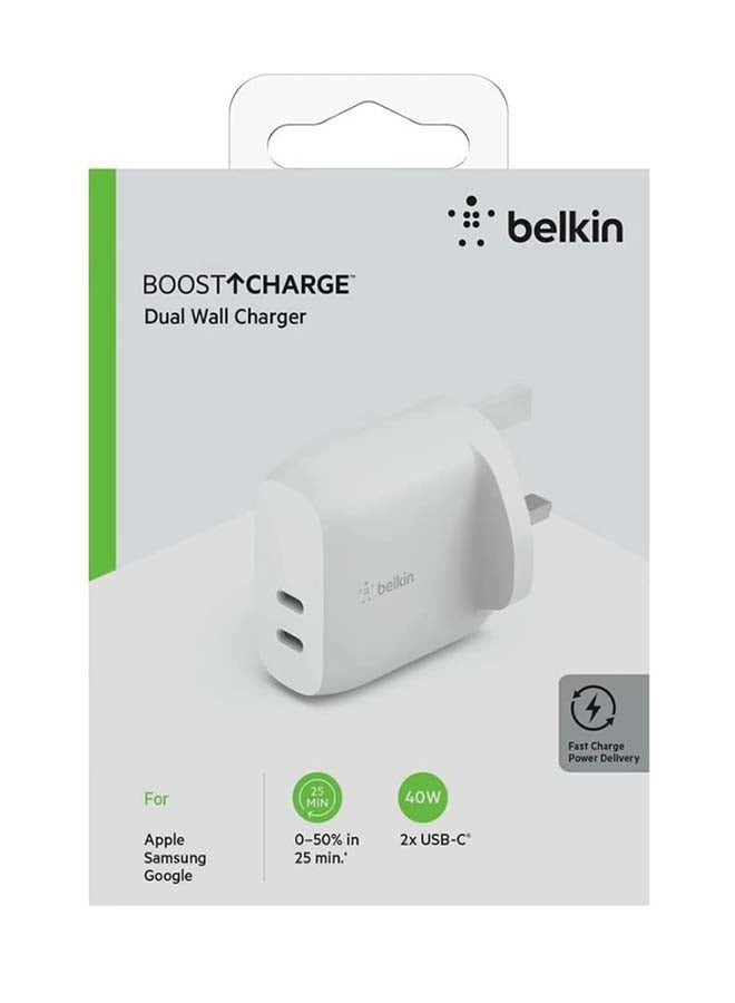 40W USB Type C PD Wall Charger (Dual USB-C Ports for 20W Per Port Fast Power Delivery Enabled Charging for iPhone 14/14 Plus, 13, 13 Pro, 13 Pro Max, Mini, iPad Pro, Galaxy, and More) White