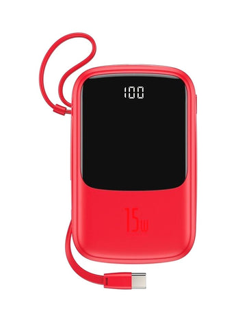 10000.0 mAh 10000mAh Portable Phone Charger USB-C Small Portable Charger Power Bank Fast Charging with Built-in Type- C Cable 15W PD Fast Charging Battery Pack for Huawei, Samsung, Xiaomi and Android Devices - Red