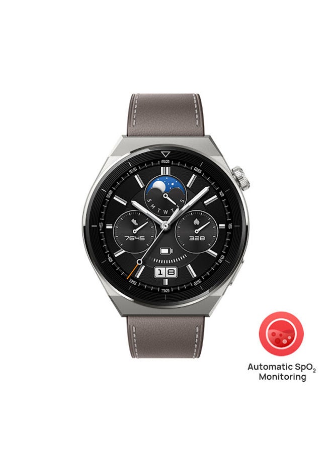 Watch GT 3 Pro SmartWatch Heart Rate & Blood Oxygen Monitoring Light Titanium Case 46mm Grey Leather Strap