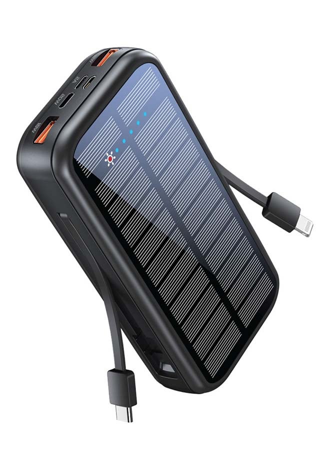 20000mAh EcoLight Solar Power Bank with Built-in USB-C & Lightning Cables Black