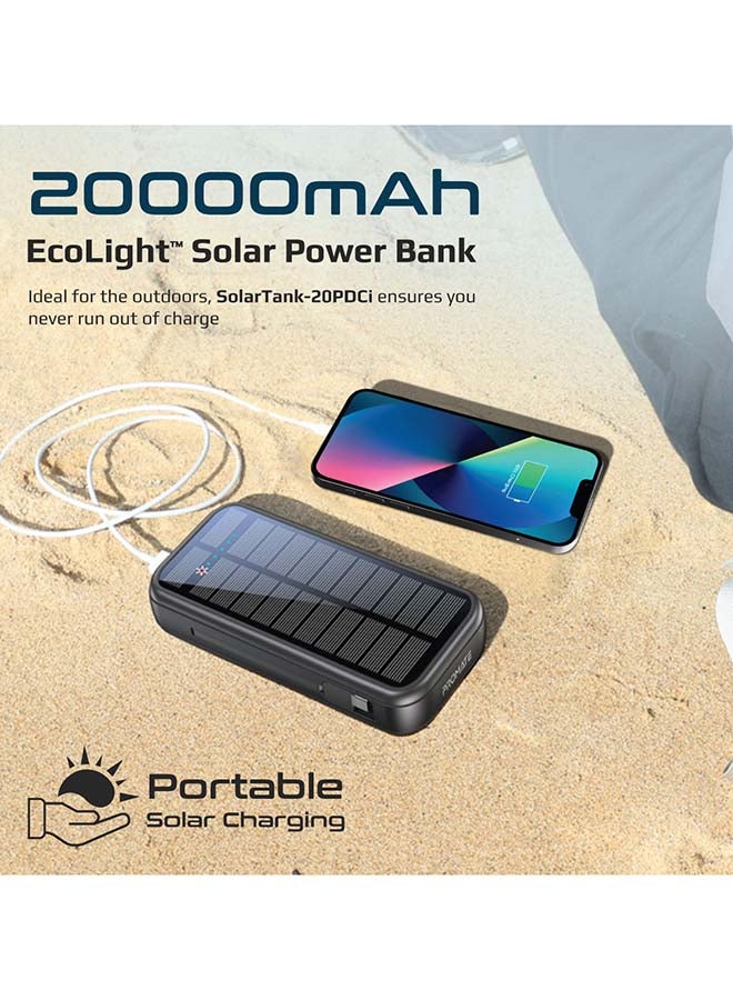 20000mAh EcoLight Solar Power Bank with Built-in USB-C & Lightning Cables Black