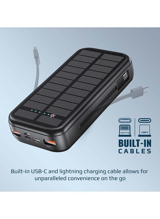 20000mAh EcoLight Solar Power Bank with Built-in USB-C & Lightning Cables Black