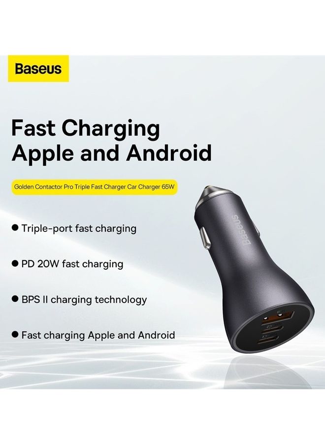 65W Fast Car USB Charger Adapter 3 Ports Car Mobile Phone Fast Charging Socket Plug With PD USB C Port & Quick Charge 3.0 Compatible with iPhone 14 Pro Max/14 Pro/13 Pro, iPad Pro, MacBook Dark Grey