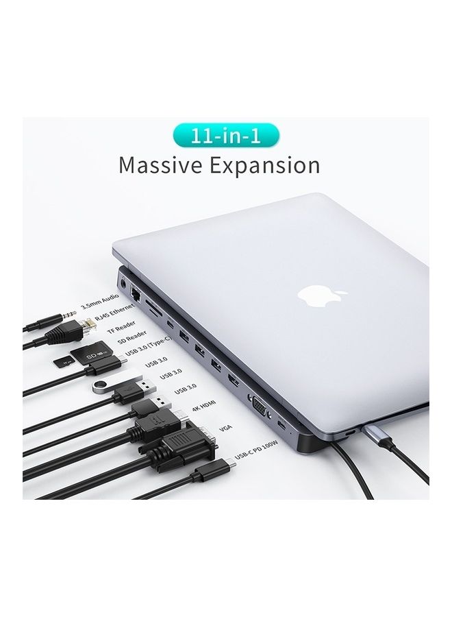 11 In 1 USB C Multiport Hub USB C to 100W PD/VGA/4K HDMI/3 x USB 3.0/USB C 3.0/SD TF Card/RJ45 Ethernet And 3.5mm Audio Ports For Multidevices Grey