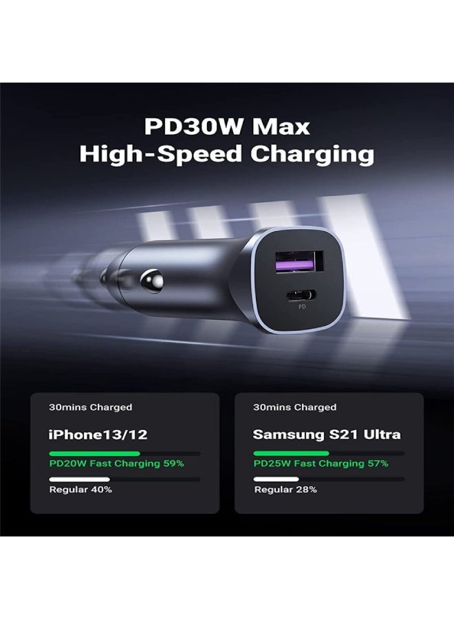 52.5W Car Charger Cable PD30W iPhone 15 Pro Car Charger Fast Dual USB Ports Fast Car Power Adapter Samsung 25W Car USB Charger With 1M USB C Cable for Samsung, iPhone, iPad, Huawei, Oneplus,etc Black