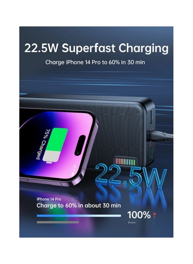 30000.0 mAh JR-QP196 Dazzling Series 30000mAh Power Bank 22.5W Superfast Charging Battery Pack Support PD3.0 QC3.0 Black