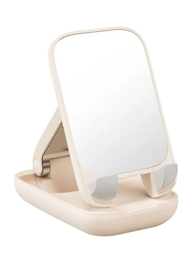 Cell Phone Stand with Mirror, Mobile Phone Holder for Desk with Adjustable View Angle & Height, Handsfree Smart Phone Cradle, Dock for Office, Kitchen, Traveling Accessories Beige