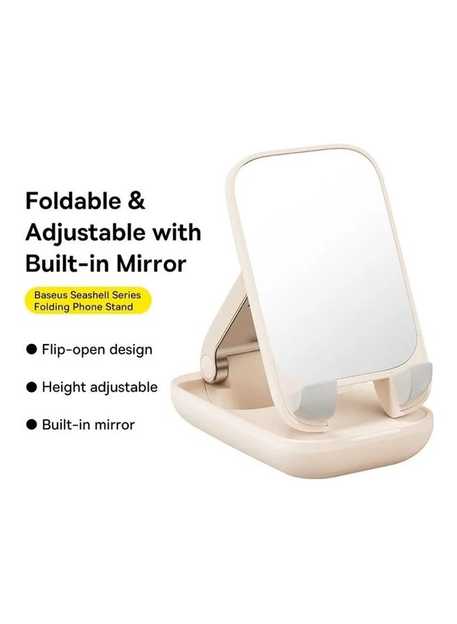 Cell Phone Stand with Mirror, Mobile Phone Holder for Desk with Adjustable View Angle & Height, Handsfree Smart Phone Cradle, Dock for Office, Kitchen, Traveling Accessories Beige