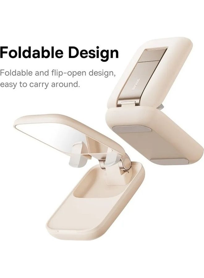 Cell Phone Stand with Mirror, Mobile Phone Holder for Desk with Adjustable View Angle & Height, Handsfree Smart Phone Cradle, Dock for Office, Kitchen, Traveling Accessories Beige