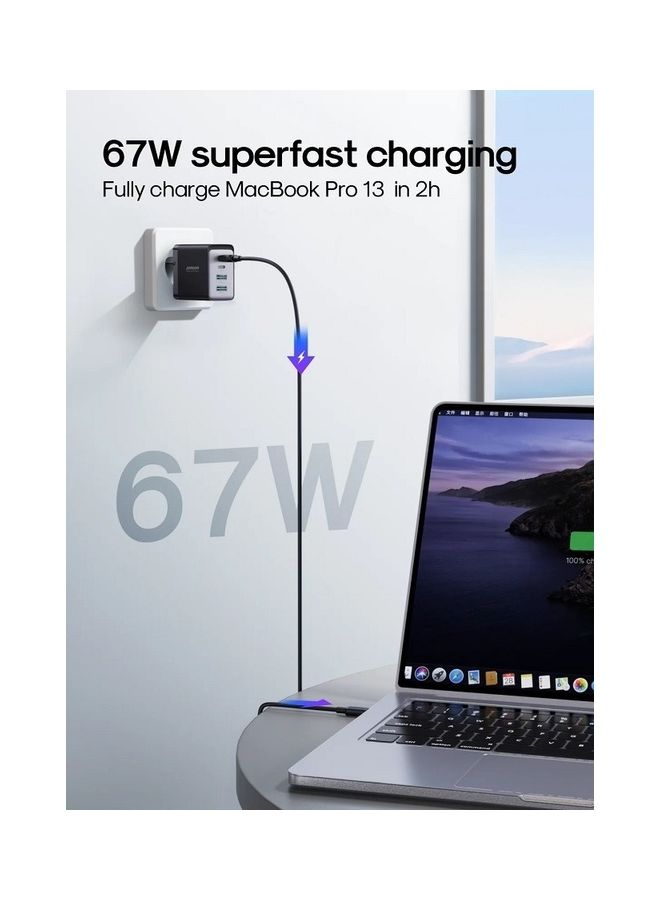 PD67W 4Ports GaN 2 USB C - 2 USB A Fast Charger Laptop Charging Plug TypeC Power Adapter Compatible With MacBook Pro Air iPhone14 Pro Max 14 13 iPad Pro Air GalaxyS23 Ultra Laptops Phones Black