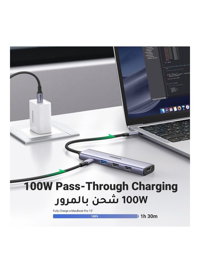 USB C Hub with 100W PD Charging, Type C to HDMI 4K 30Hz Adapter, USB Hub 3.0 5Gbps Data Transfer Ports, Compatible for MacBook Pro/Air 2023 M2/M1, iPad Pro/Air, HP, Dell, ASUS, Lenovo, etc Silver