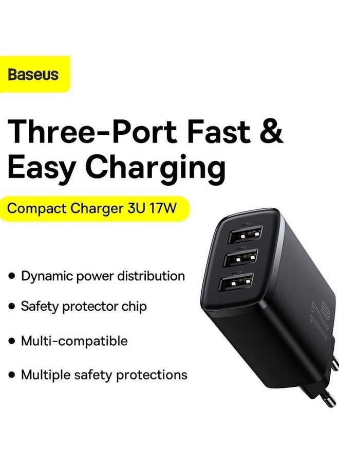 USB-A Wall Charger, USB Charger Adapter 3-Port 17W for iPhone 14/13/12/11/Pro/Pro Max/Mini, iPad Pro, Samsung Galaxy S21, Google Pixel 6,EU Plug Black Black