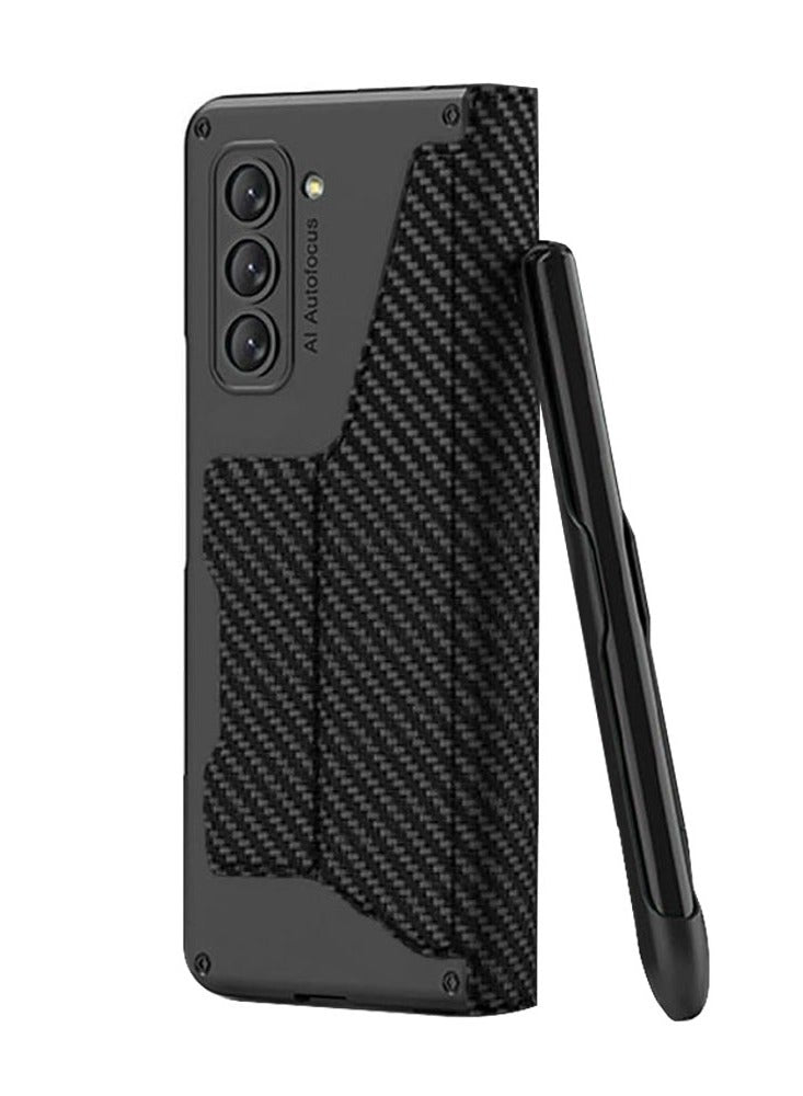 Samsung Galaxy Z Fold 5 Case With S Pen Holder Premium Leather Wallet Case Built In Screen Protector Detachable Pen Slot Carbon Fibre Black