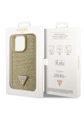 Guess Rhinestone Case with Triangle Logo for iPhone 15 Promax - Gold