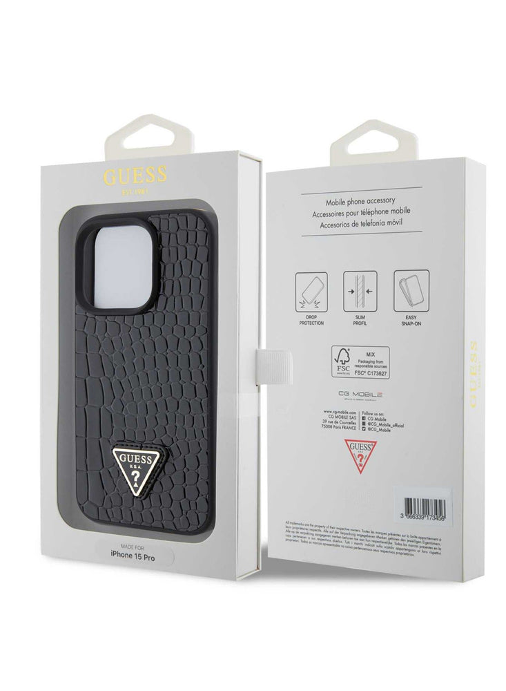 Guess Croco Case with Triangle Logo for iPhone 15 Pro - Black