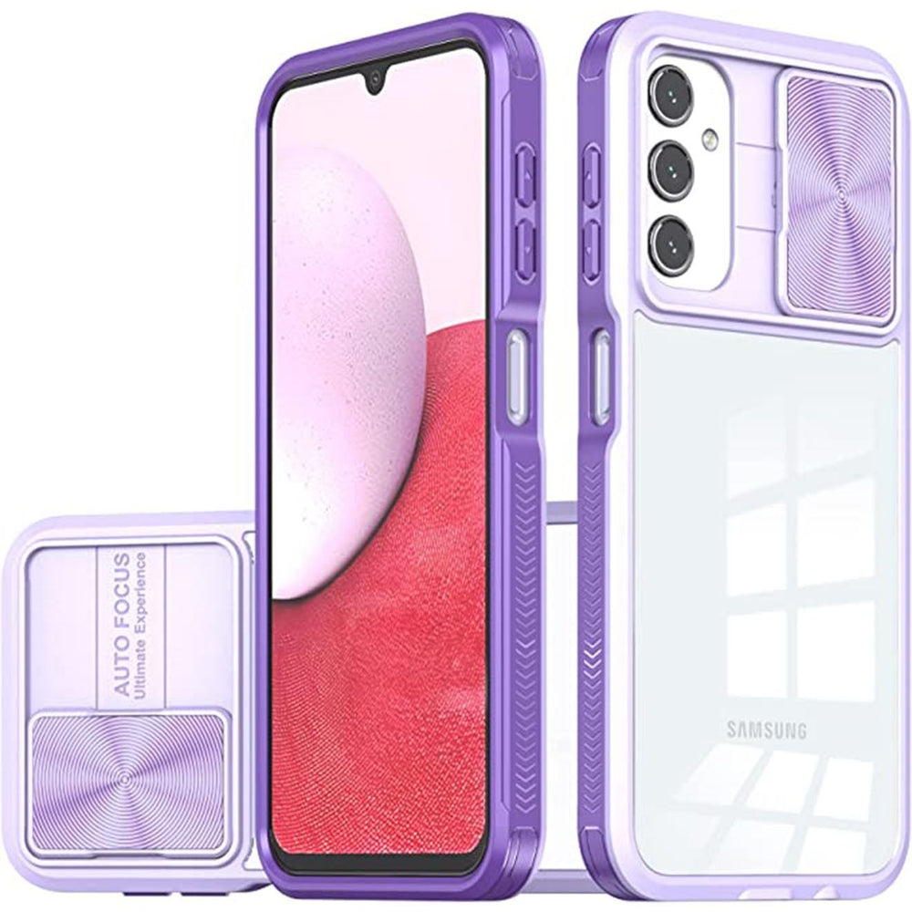 Samsung Galaxy A14 5g/4g Case Clear with Slide Camera Lens Cover, Gaxaly A14 5G Full Body Shockproof Protection Slim Crystal Transparent Bumper Accessories for Samsung A14 Purple