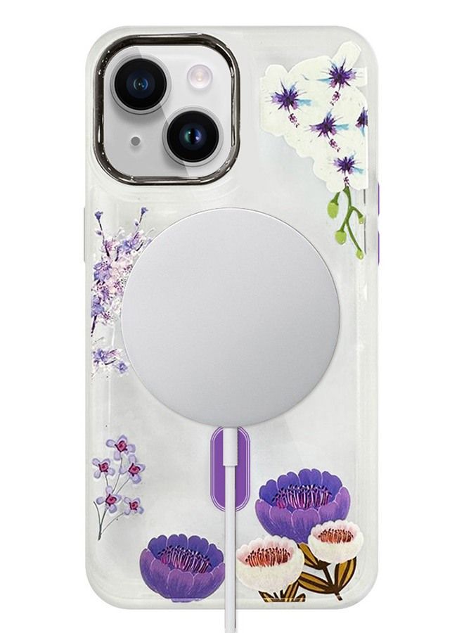 Case for Apple iPhone 14 PLUS Romantique Floral Design Fashion Flower Compatible with MagSafe & Wireless Charging Cover PURPLE