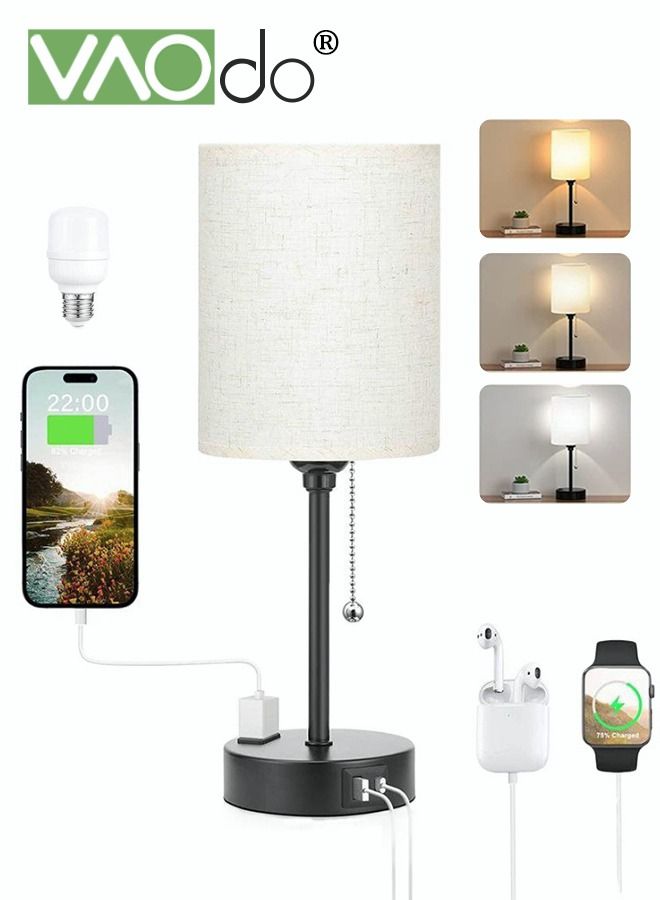 Bedroom Lamps 3 Color Temperatures with USB C and A Ports Pull Chain Table Lamps with AC Outlet White Nightstand Lamps with Black Metal Base for Kids Reading