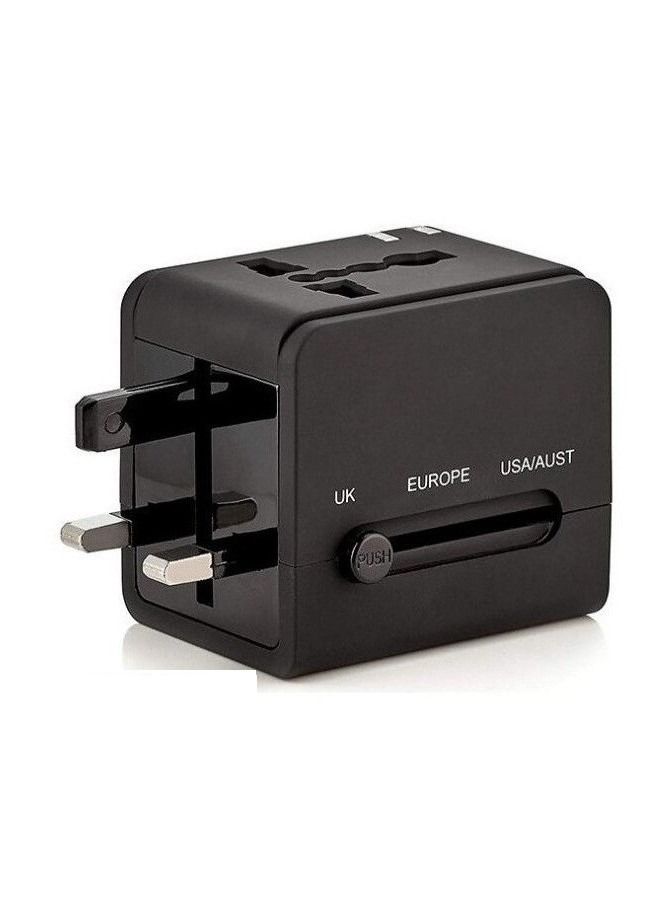 All In One Worldwide Travel Adapter with Two USB Charging Ports Black