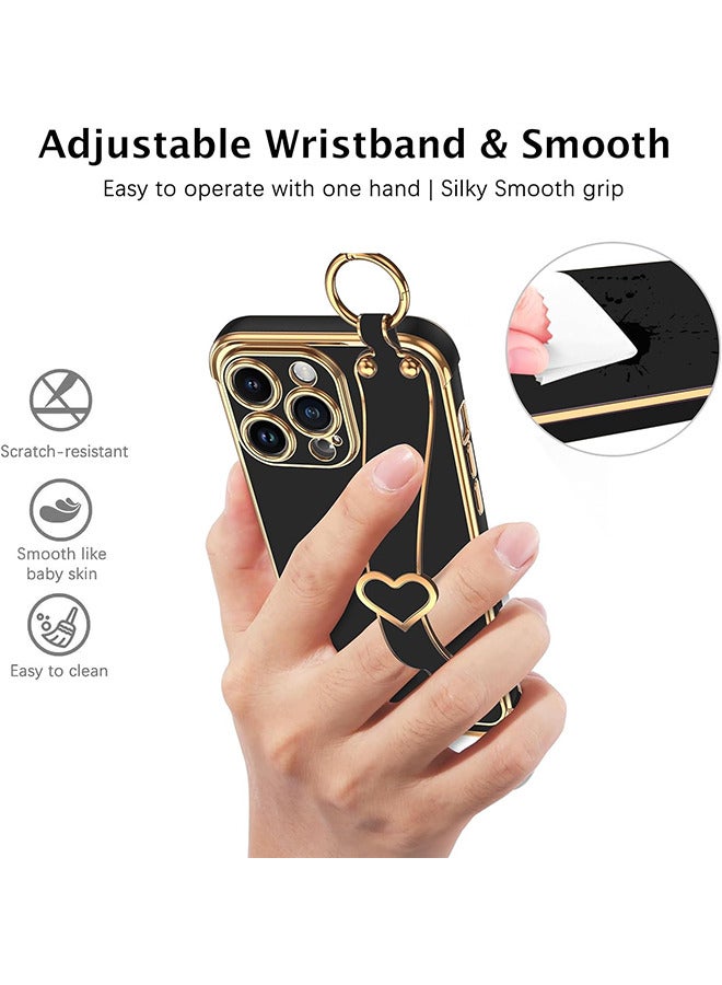 Compatible With iPhone 15 Pro Case, iPhone 15 Pro Phone Case With Adjustable Wristband Kickstand Loop, Lovely Heart Luxury Plating Bumper, Raised Corner Shockproof Women Girls Cover, Black