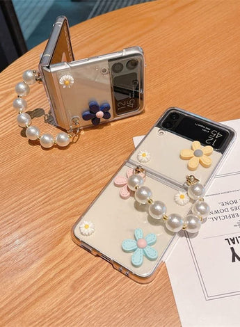 Cute Case for Samsung Galaxy Z Flip 4 with Strap, Fashion Flower Case for Galaxy Z Flip 4 5G Protective Girls Case with Pearl Chain, Hard PC Case for Z Flip 4 Clear Case with Lanyard