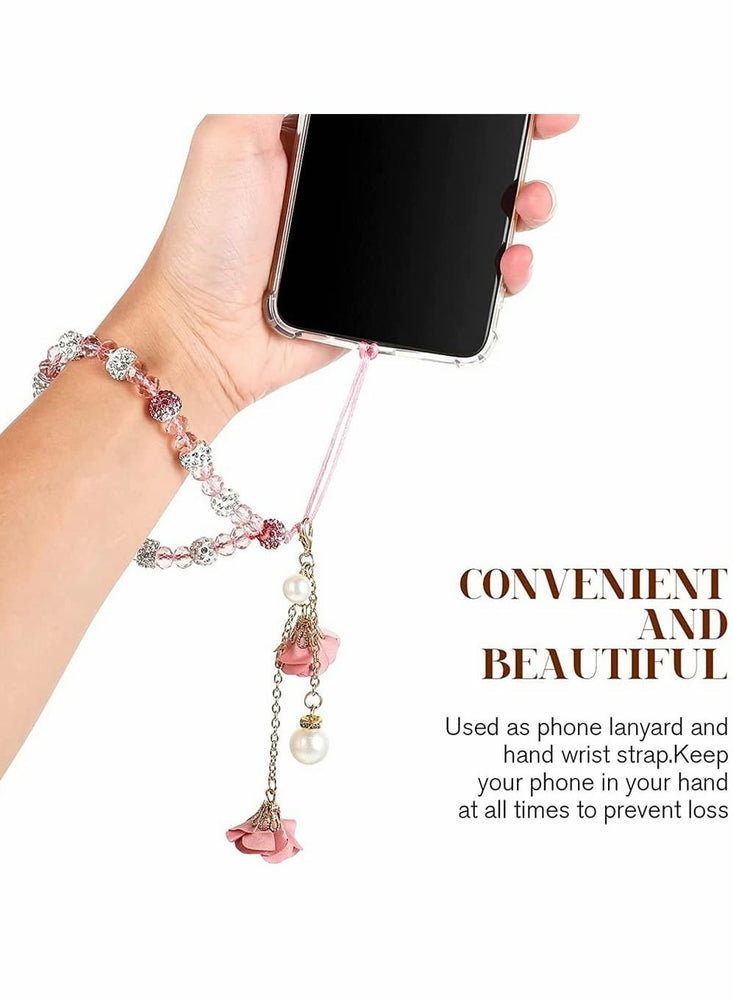 Cell Phone Straps, Creative Crystal Flower Pendant Charm Phone Strap Charm, Non- Slip Phone Lanyard Cute Pocket Keychain Strap for Car Key Purse Phone Decoration Accessories (Pink)