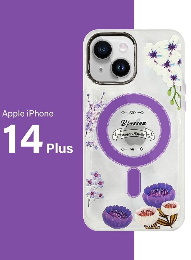 Case for Apple iPhone 14 PLUS Romantique Floral Design Fashion Flower Compatible with MagSafe & Wireless Charging Cover PURPLE