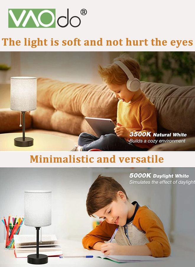 Bedroom Lamps 3 Color Temperatures with USB C and A Ports Pull Chain Table Lamps with AC Outlet White Nightstand Lamps with Black Metal Base for Kids Reading